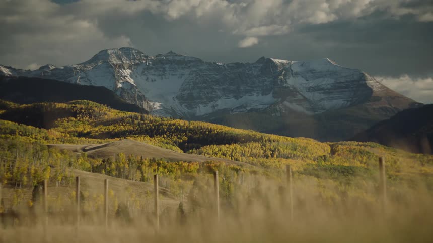 Grass waves in the wind with majestic mountains covered in snow in the horizon