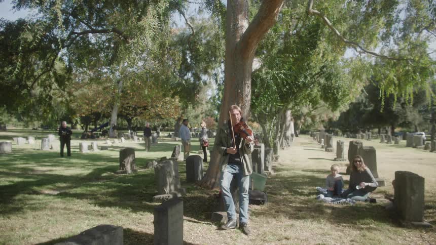 Man standing against a tree playing a violin in the middle of a cemetery