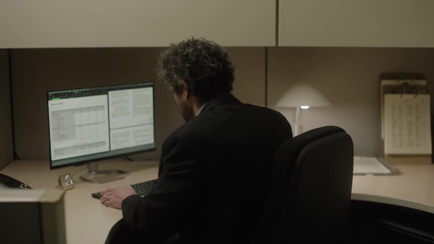 A young man works in a cubicle