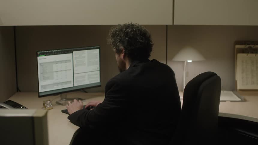 A man is using his computer in the office