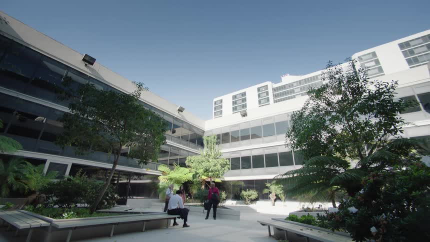People walking in an openair environment with a campus around them