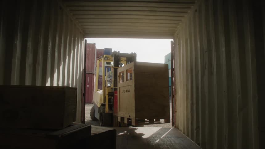 A man removes a crate from the storage container with a fork lift