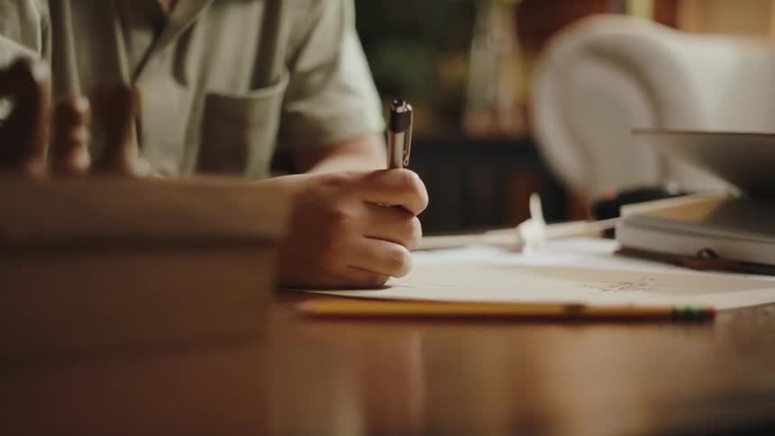 A young boy writes on paper in a living room