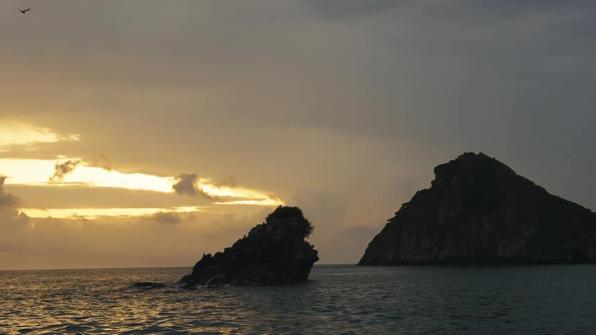 A bird flies over two small islands in the ocean