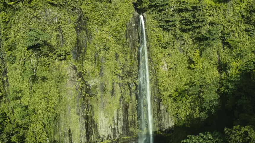A waterfall pours over a tall cliff