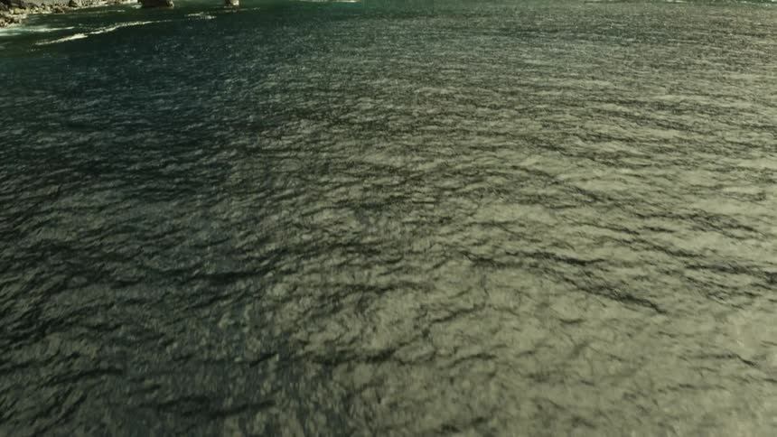 A sea that lies on the coast of a land with rocks and a large hill full of trees