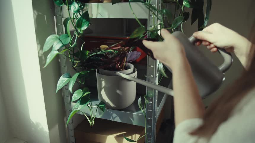 Woman watering her plants that are on a shelf indoors