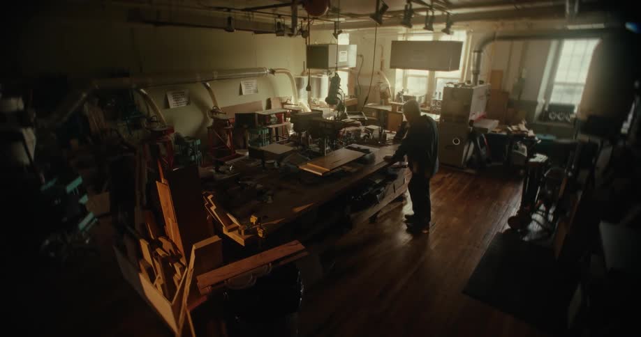 An elderly man walks into a woodshop
