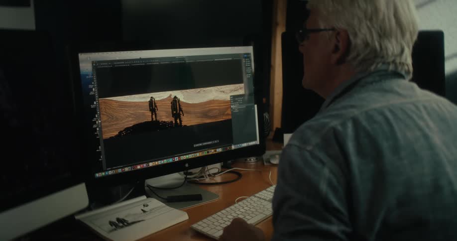 An older man works on an art image on his desktop computer