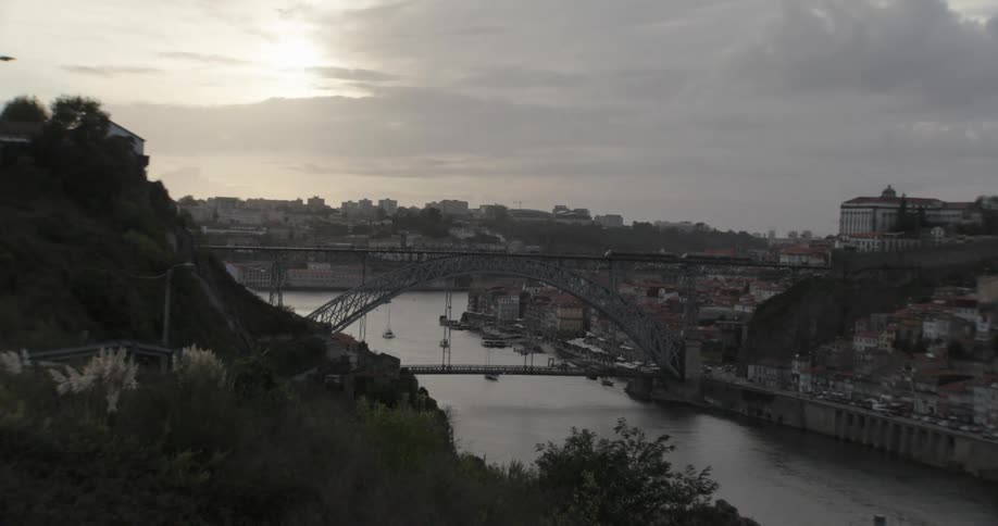 A train moves over a bridge in a city