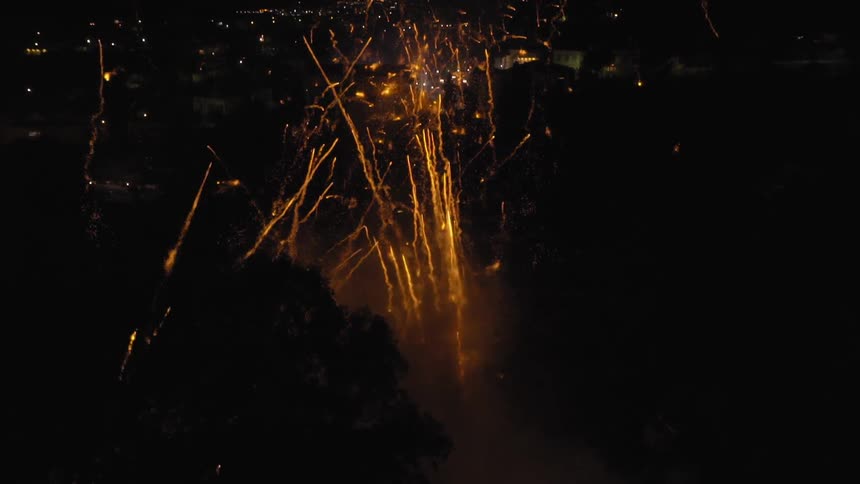 Many fireworks shooting into a night sky at once
