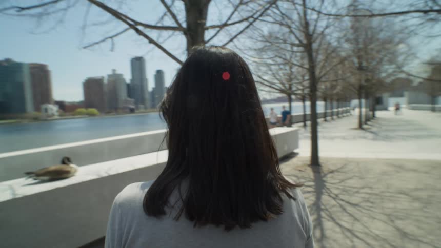 A woman stops in the city to look at a duck