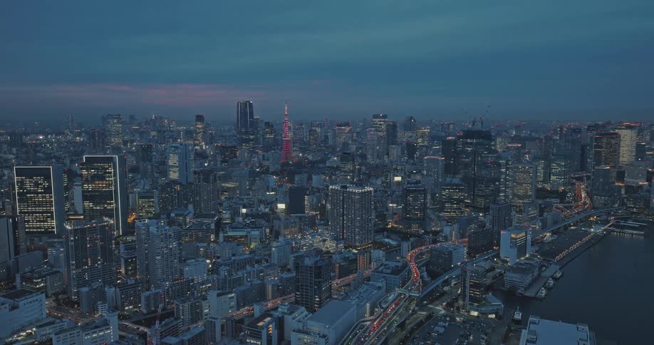 The Tokyo skyline is lit up at night in a dense cluster of skyscrapers by the waterfront