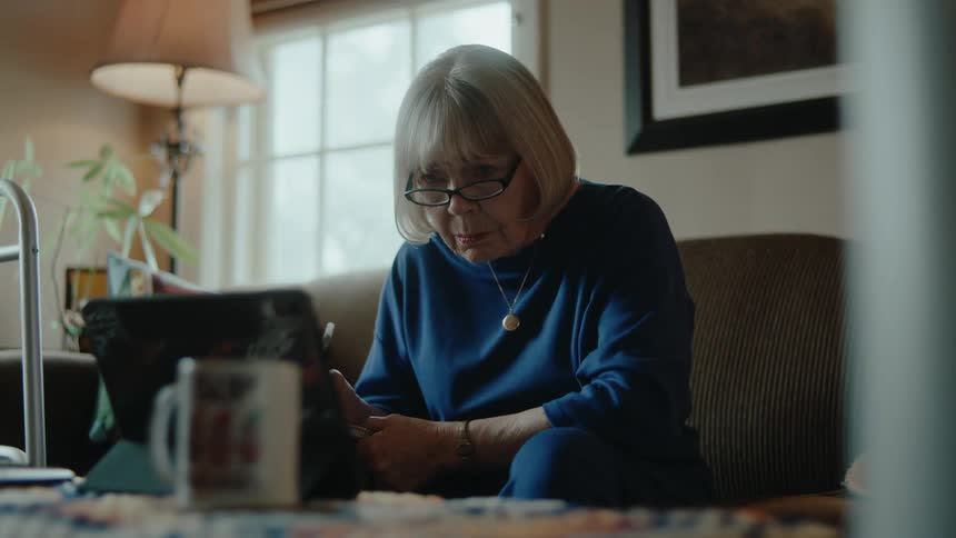 Elderly lady sitting on the sofa in the living room and using a tablet