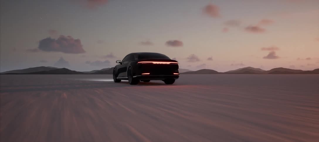 A luxury car driving on a road that is moving very fast underneath it