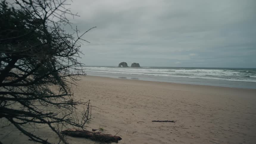 A cloudy day at the beach with waves rolling in and rock formations in the distance