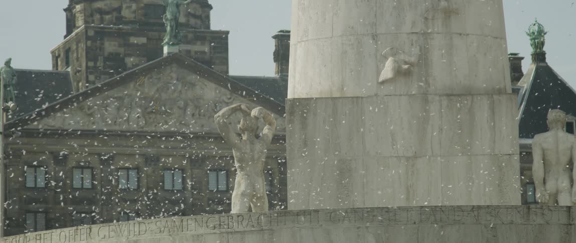 Large flock of white birds flies over large sculpture near historic building