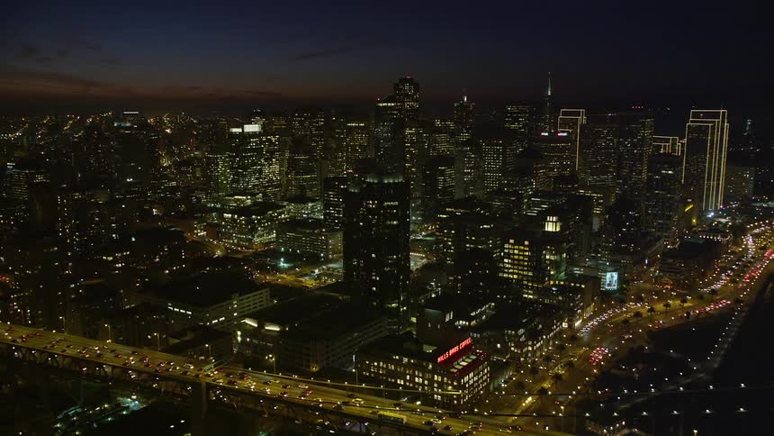 Aerial view of the oakland bay bridge in san francisco at night