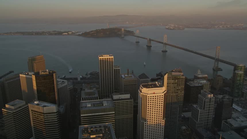 Aerial view of the oakland bay bridge in san francisco at evening
