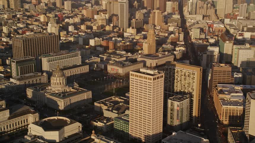 An aerial view of san francisco city hall surrounded by densely packed buildings in san francisco california