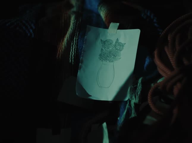 A pen drawing of a vase with flowers is taped to a blanket