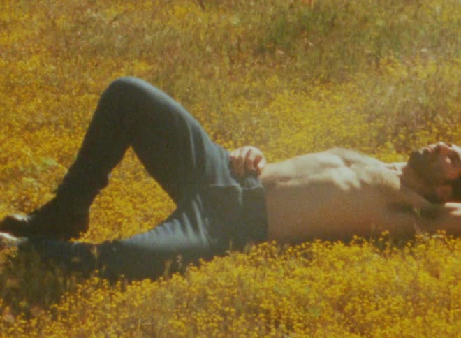 Shirtless man wearing jeans laying on a field of yellow grass staring at the sky