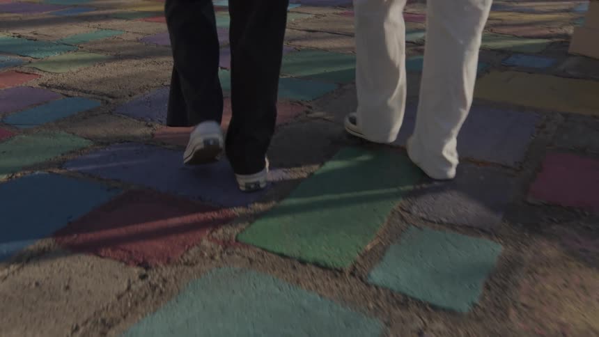 Two individuals strolling along a vibrant pathway