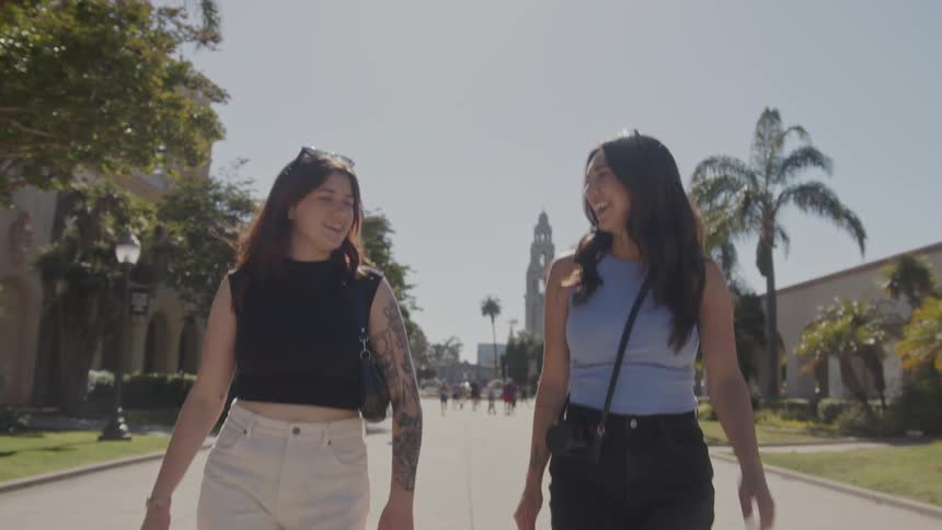 Two friends walking side by side in the middle of the street on a sunny day