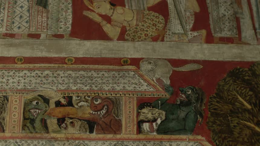 Detailed fresco with red and beige tones depicting human figures and animals within ornate borders