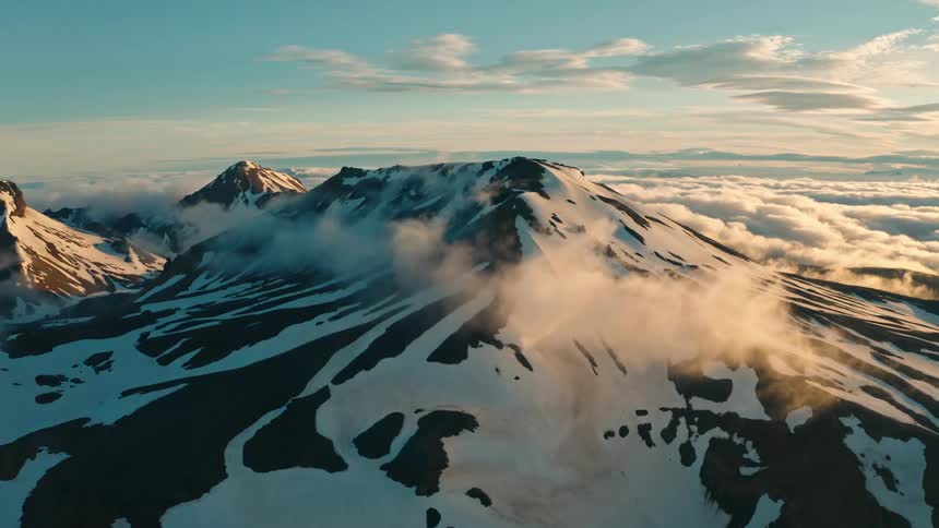 Wispy clouds float around a snowy mountain