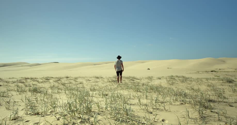 A man is walking away from the camera into the desert