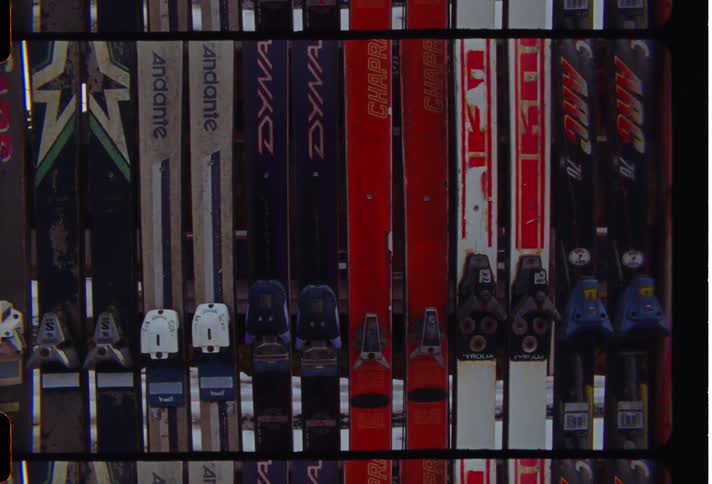 Ski equipment organized side by side