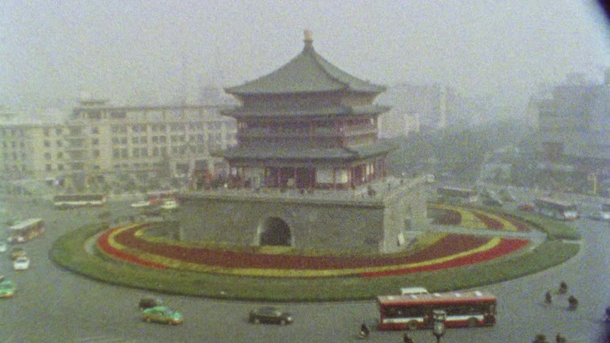 The bell tower of xian in china caught on vintage film