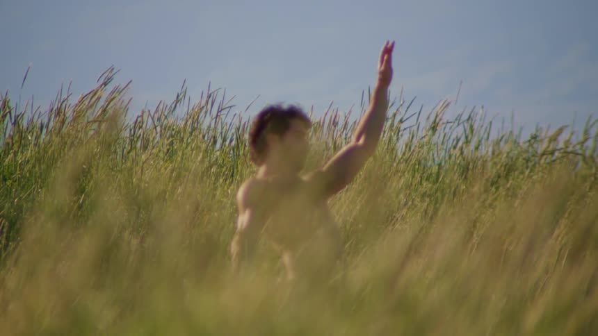 Man dances bare chested in a field of tall grass on a cloudy day
