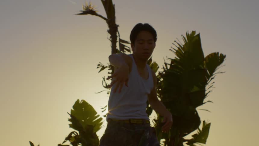 An asian man dances in front of a palm tree