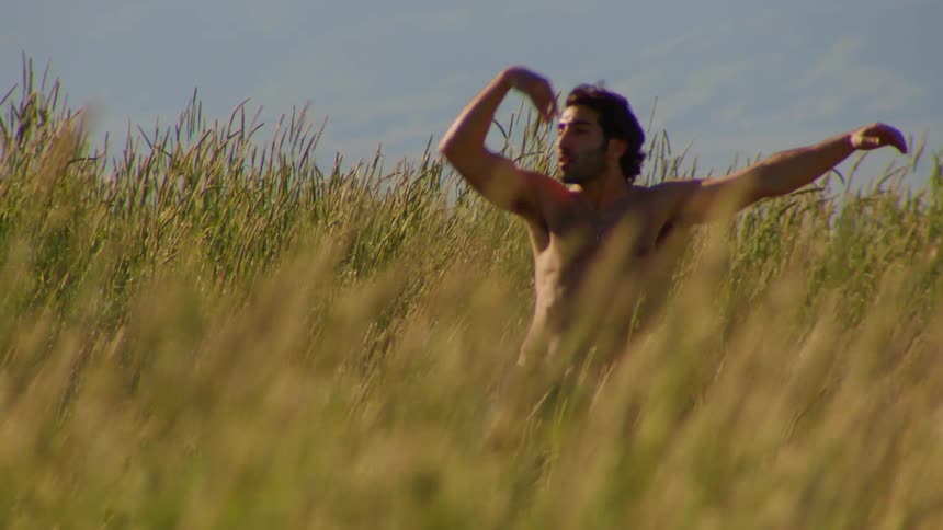 A young shirtless man dances on a field of tall grass on a sunny day