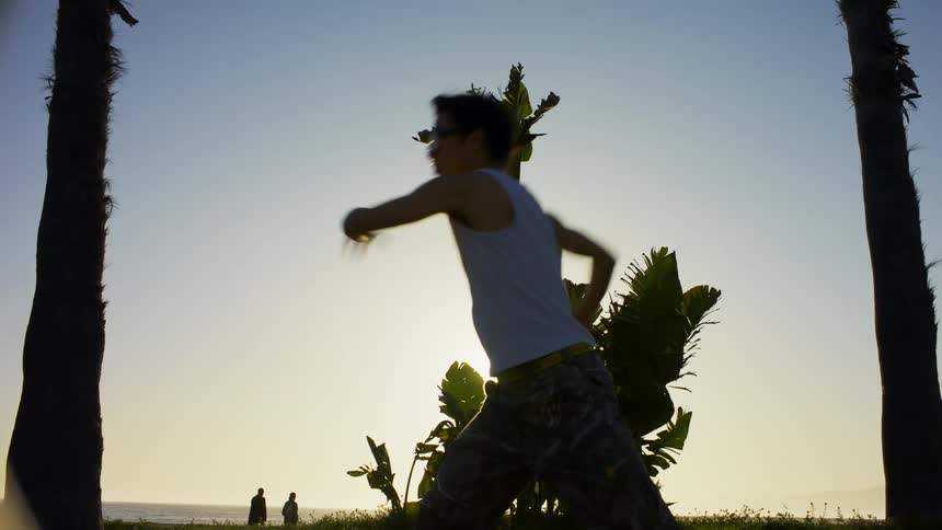 Man dancing in a natural environment with palm trees around