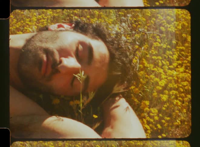A shirtless man with jeans resting in a vibrant field of yellow flowers