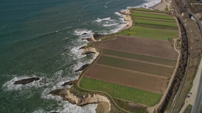 Long highway between agricultural fields on the seaside coast