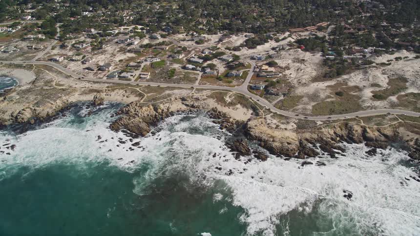Aerial panorama of an urban city on the wooded coast and the edge of a vast sea