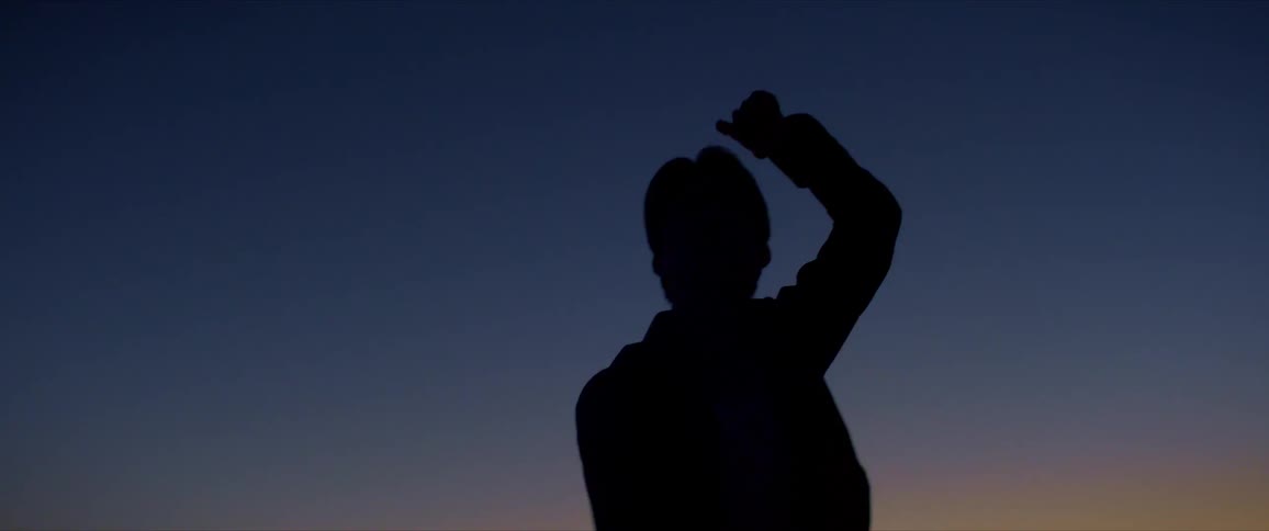 Silhouette of a person dancing against a twilight sky