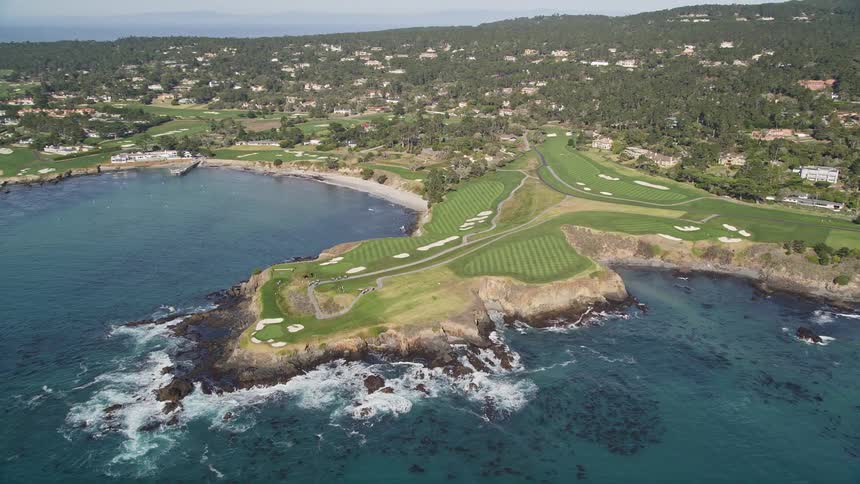 Landscape of a wooded peninsula with houses and seaside