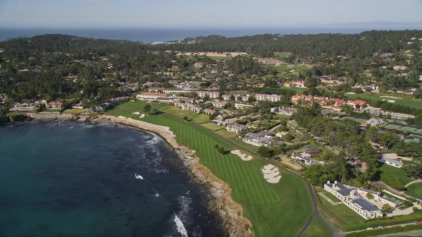 An aerial view of the pebble beach resorts golf course