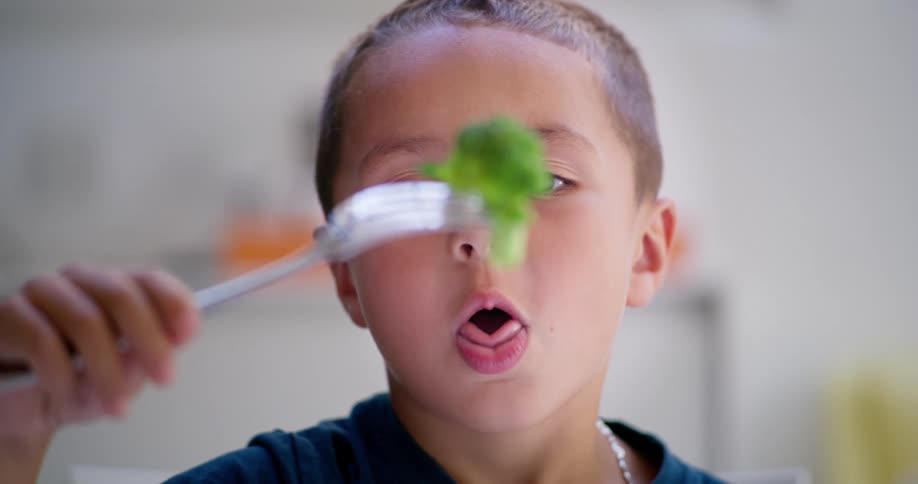 A little boy is holding a broccoli with a fork and is making a disgusted face
