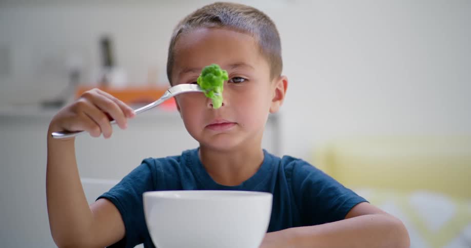 Portrait of a little boy sitting at the table holding a fork with a broccoli and grimacing
