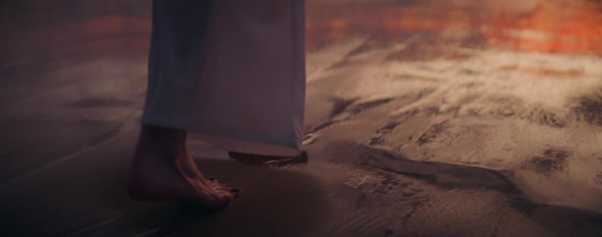 A person is walking barefoot on the shore over wet sand