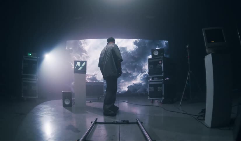 Crouching model man standing up while standing in a studio with a screen in the background