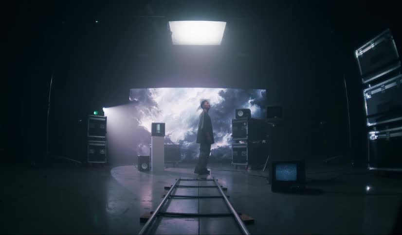 Man inside a studio with vintage televisions around and cinematic lighting
