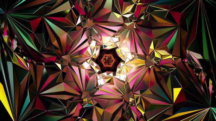 Kaleidoscopic crystalline shapes moving and spinning
