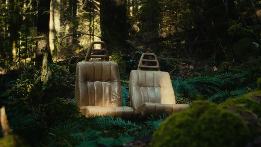 Two beige car seats placed in the middle of a forest